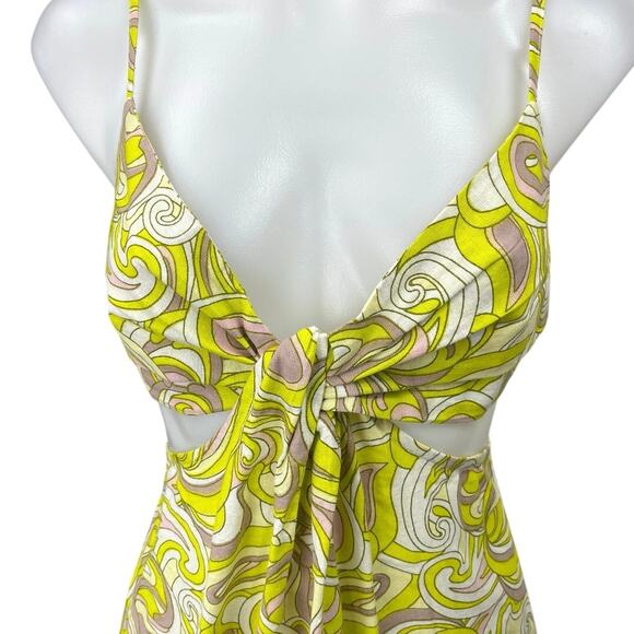 ASOS Design Yellow Linen Sleeveless Paisley Knot Front Cut Out Mini Sun Dress 6 - Picture 6 of 9